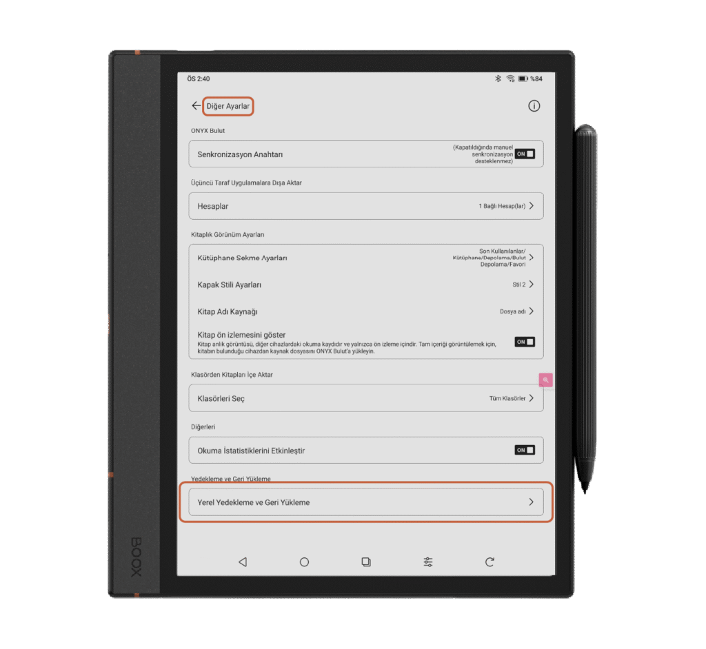 Çevrimdışı Kitap Yedekleme Ayarlar Sekmesi